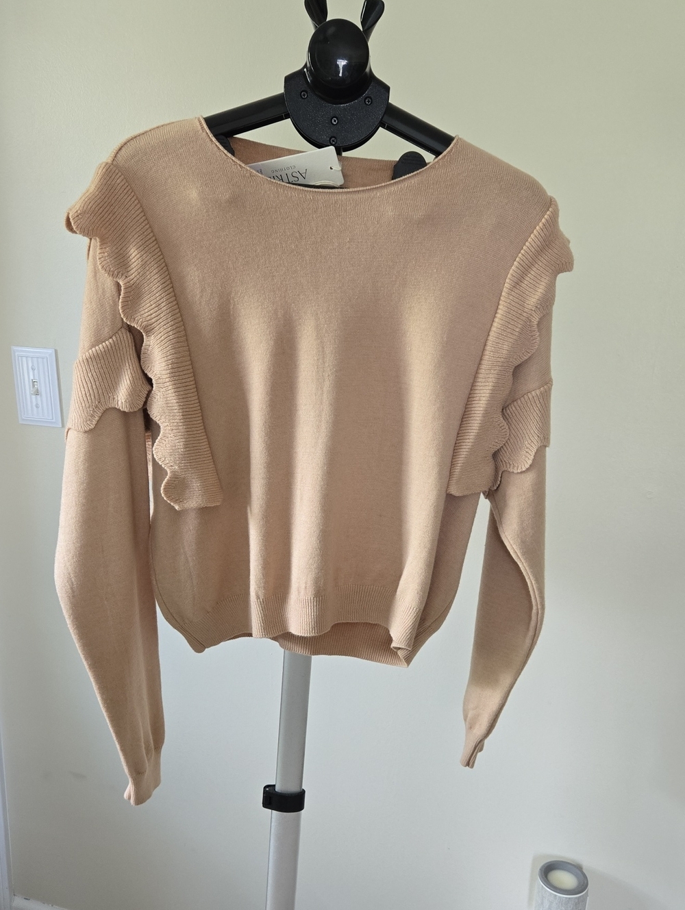 Astr Beige Ruffle-Trim Crewneck Sweater